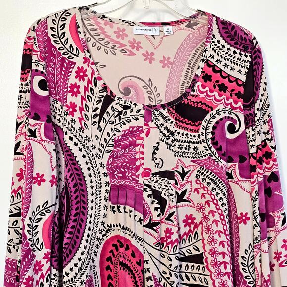 Susan Graver Pink Paisley Popover Blouse with Flare Sleeves - Women's Size M - Picture 2 of 7